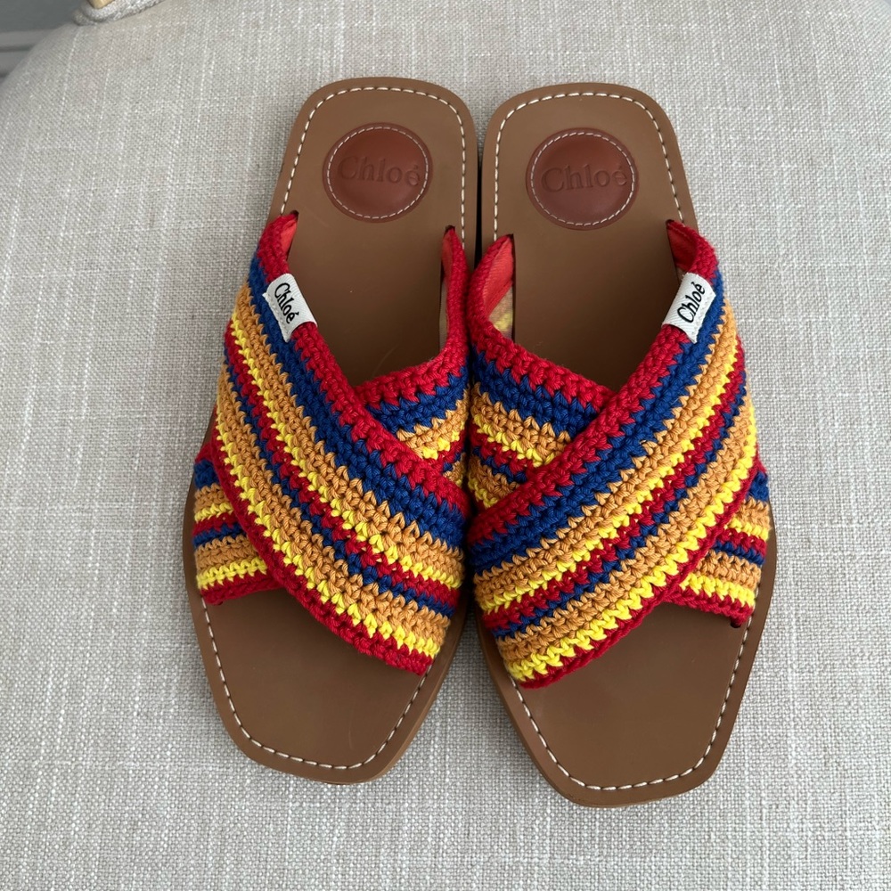Chloé Woody Crisscross Knit Strap Slide Sandal, size 7